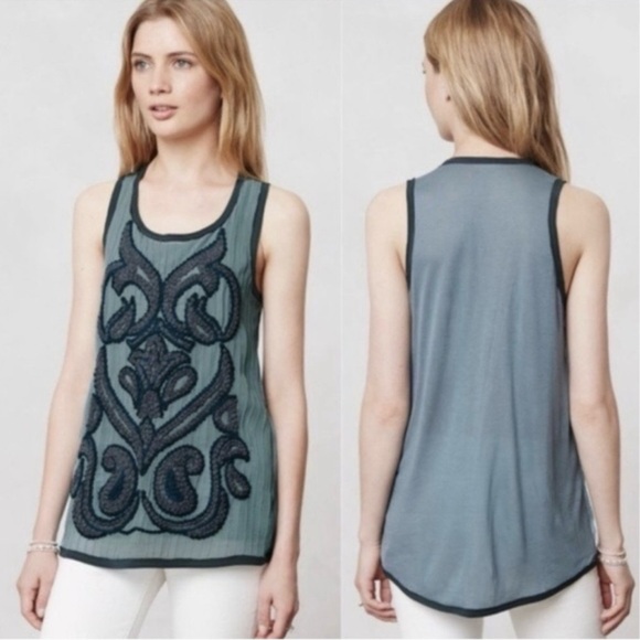 Anthropologie DOLAN Acadia Embroidered Tank Top Teal Blue Green Textured M - Picture 2 of 6